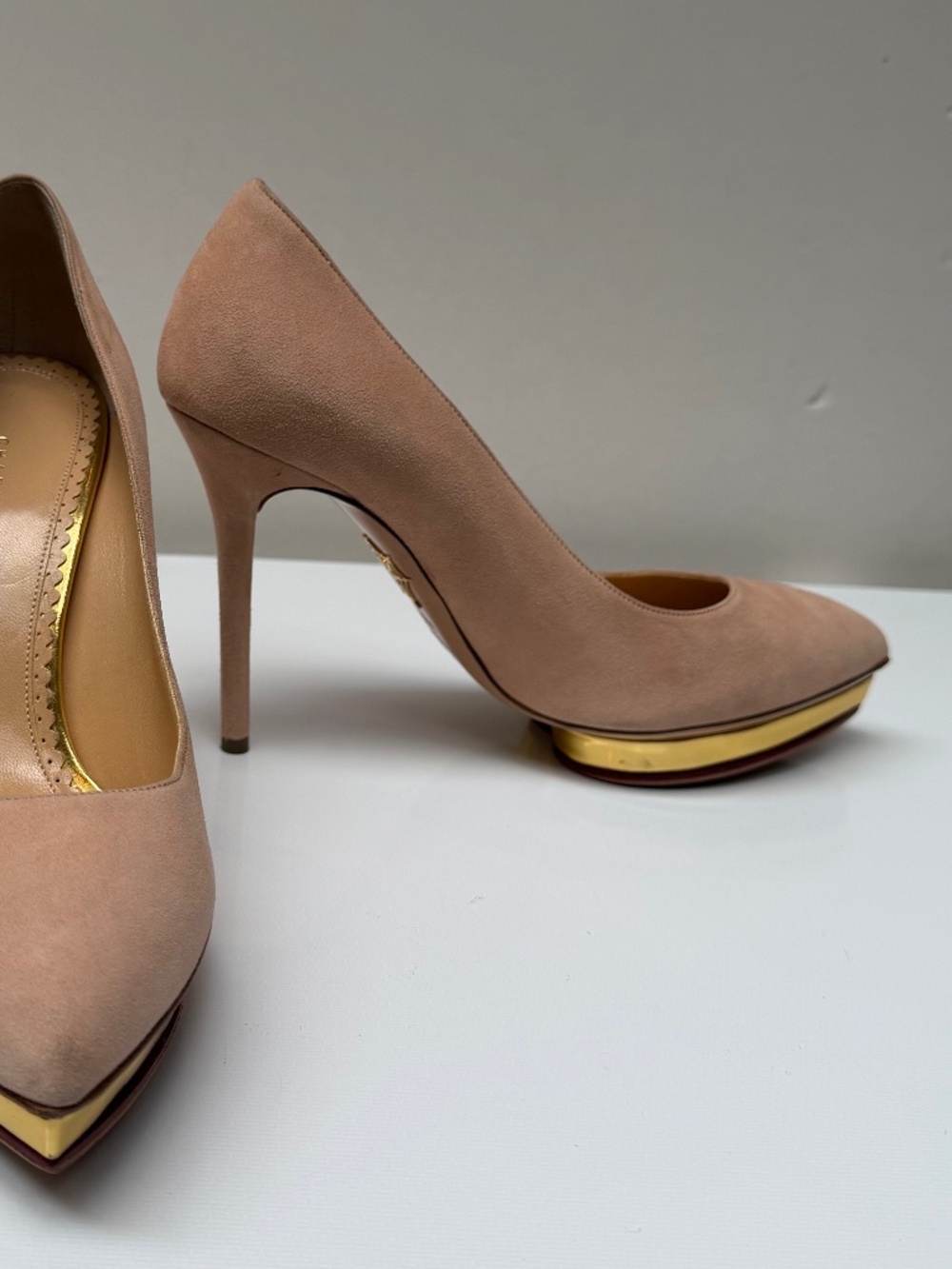 Charlotte Olympia Dolly Suede Pumps, Beige / Blush + Gold, Size 36.5